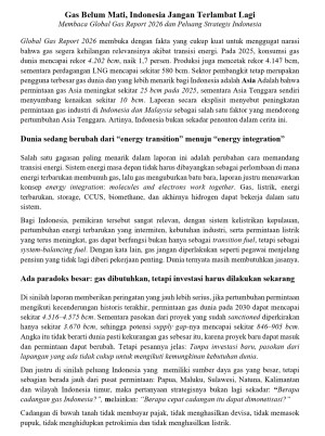 Gas Belum Mati, Indonesia Jangan Terlambat Lagi Membaca Global Gas Report 2026 dan Peluang Strategis Indonesia