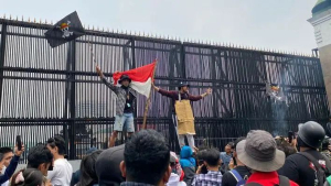 Pengunjuk rasa di depan Gedung DPR, mengibarkan bendera 'One Piece'.