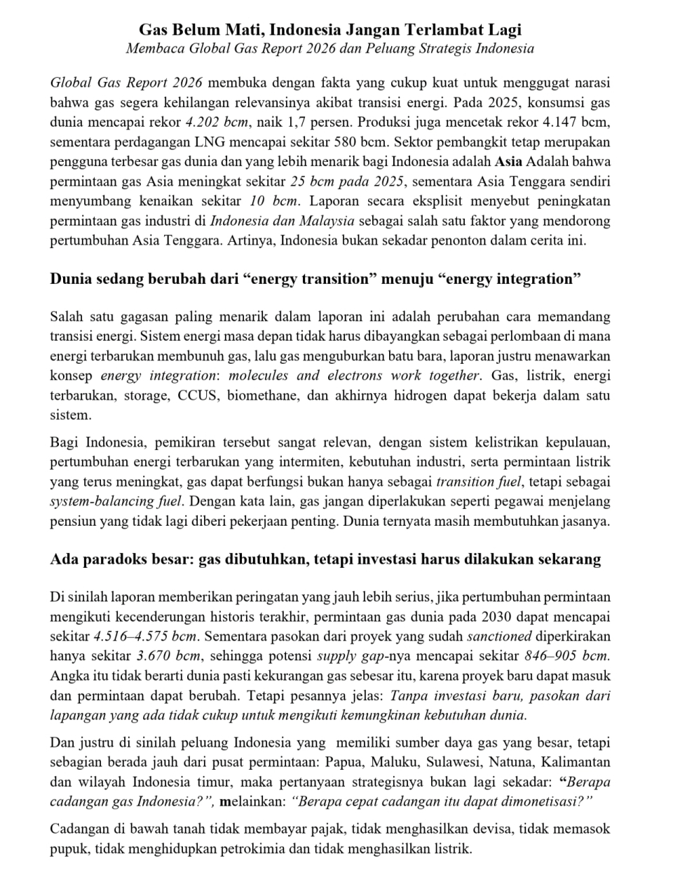 Gas Belum Mati, Indonesia Jangan Terlambat Lagi Membaca Global Gas Report 2026 dan Peluang Strategis Indonesia